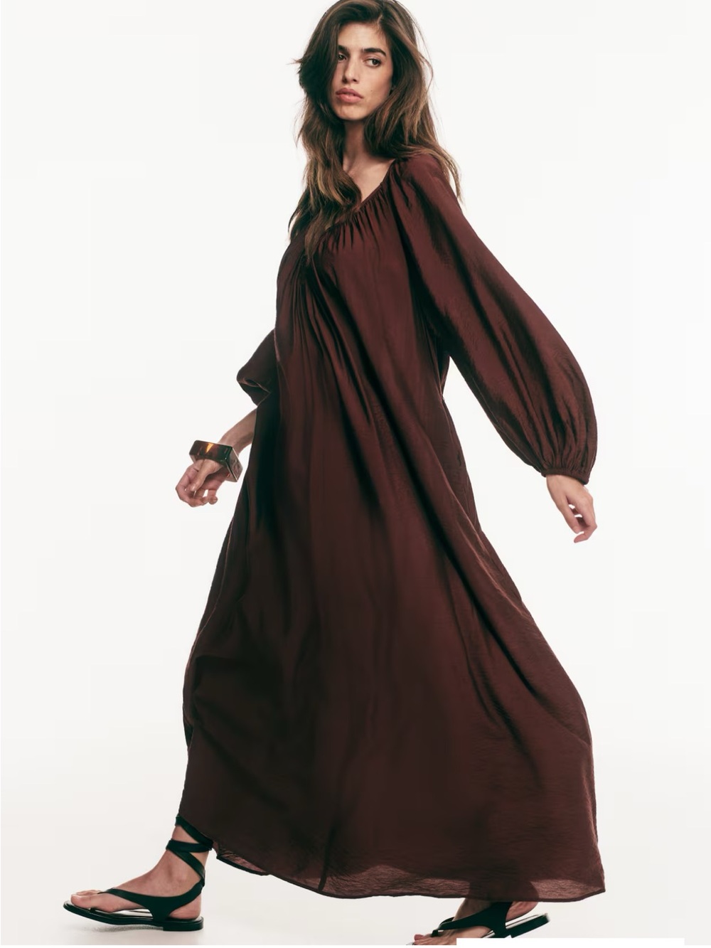 H&M Long Sleeve Maxi Dress in Deep Brown